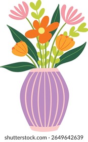 Charming hand-drawn illustration of a decorative vase filled with pink flower and green leaves. Perfect for home decor designs, greeting cards, floral-themed prints, stickers, and spring illustrations
