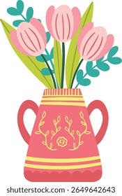 Charming hand-drawn illustration of a decorative vase filled with pink flower and green leaves. Perfect for home decor designs, greeting cards, floral-themed prints, stickers, and spring illustrations