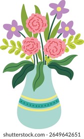 Charming hand-drawn illustration of a decorative vase filled with pink flower and green leaves. Perfect for home decor designs, greeting cards, floral-themed prints, stickers, and spring illustrations