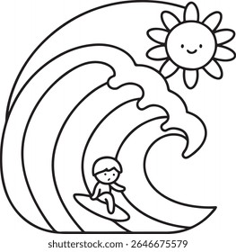 A charming, hand-drawn illustration depicts a surfer riding a large wave under a smiling sun. This simple, stylized artwork is perfect for summer themes and children's content, isolated on white backg