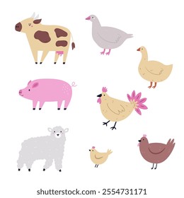 Charming Hand-Drawn Illustration of Farm Animals. Cow, Pig, Sheep, Hen and Goose.