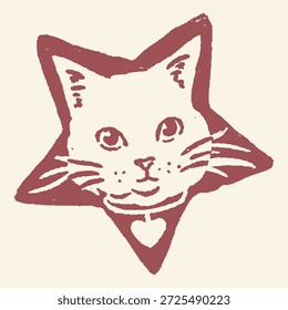 Una encantadora ilustración dibujada a mano con la cara de un curioso gato enmarcada dentro de una audaz forma de estrella, completa con un collar en forma de corazón.