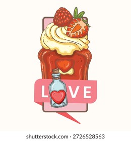 Uma encantadora ilustração desenhada à mão com uma fatia de bolo de veludo vermelho coberto com chantilly creme, um morango fresco e uma framboesa. O design inclui uma faixa rosa "LOVE" e um pequeno frasco de vidro contendo uma "poção do amor" de coração vermelho. Perfeito para adesivos de padaria, cartões de felicitações românticas, menus de café e embalagem de presente do Dia dos Namorados.