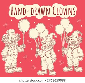 Charming hand-drawn illustration featuring three cheerful clowns holding balloons in a playful vintage style. This whimsical circus-themed artwork is perfect for kids’ designs, party invitations, birthday cards, and festive decorations. The clean line art and retro aesthetic make it ideal for both print and digital use.