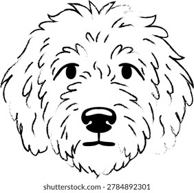 A charming hand-drawn illustration of a fluffy doodle dog's head, featuring a friendly expression, curly fur texture, and a simple clean sketch style.