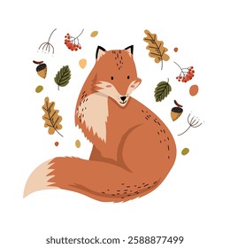 A charming hand-drawn illustration of a fox surrounded by autumn leaves, acorns, and berries, evoking a cozy and seasonal woodland theme.