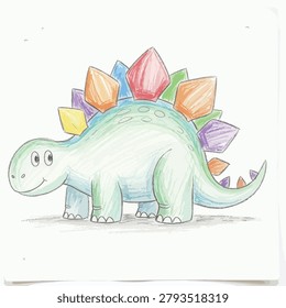 A charming, hand-drawn illustration of a friendly stegosaurus dinosaur, featuring a light green body and vibrant, multi-colored plates along its back.
