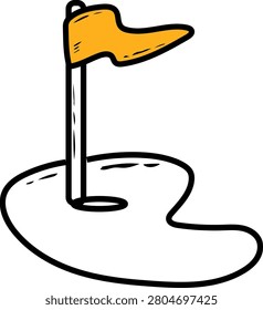 A charming, hand-drawn illustration of a golf flag standing on a putting green, rendered in a simple, cartoonish style with a yellow flag.