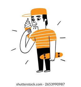A charming hand-drawn illustration of a happy child eating an ice cream cone. This delightful image is perfect for topics related to summer, childhood joys, sweet treats, and family-friendly content.