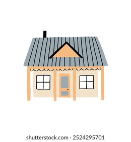 Charming hand-drawn illustration of a house with a blue roof and yellow walls, ideal for children’s books and creative design projects