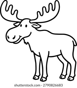 A charming, hand-drawn illustration of a moose with a friendly expression and impressive antlers. The simple black and white design is perfect for children's books or educational materials.