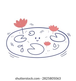 A charming hand-drawn illustration of a small pond with a smiling face, pink lotus flowers, and lily pads in a simple doodle style.