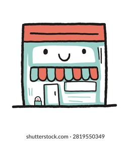 A charming hand-drawn illustration of a small store with a friendly face, red awning, and blue walls.