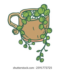 charming hand-drawn illustration of a trailing succulent in a decorative cup with pebbles. Perfect for stickers, prints, cards, or interior design accents.