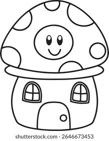 A charming, hand-drawn illustration of a whimsical mushroom house with a smiling face on its cap, isolated on a clean white background. Perfect for children's designs.