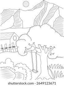 Encantadora paisagem de montanha desenhada à mão com uma casa acolhedora, uma árvore alta com um balanço e um sol brilhante, perfeito como uma ilustração de página de coloração tranquila ou cenário sereno da natureza.