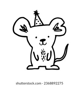 Atractivo ratón dibujado a mano en un sombrero festivo sobre un fondo blanco. Ilustración acogedora e higge para carteles, pancartas, impresiones y decoración de sala de juegos para niños.