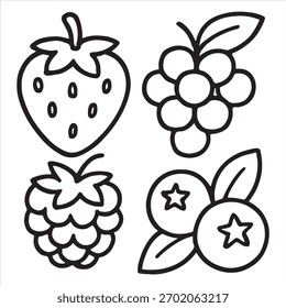 Una encantadora Imagen de contorno dibujada a mano con una fresa, frambuesas, arándanos con centros de estrellas y un racimo de uvas, perfecta para varios proyectos de diseño.