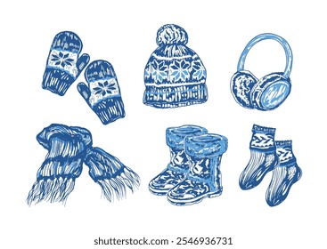 A charming hand-drawn pattern featuring blue winter clothing and knitted accessories, including hats, mittens, scarves, woolen socks, earmuffs, and fur-lined boots. 