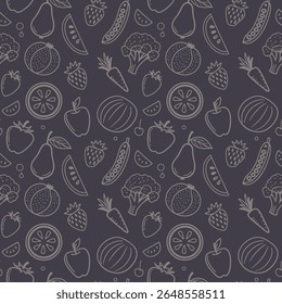 A charming, hand-drawn pattern featuring a variety of fruits and vegetables in a simple, outline style on a dark background. Perfect for food-related designs.