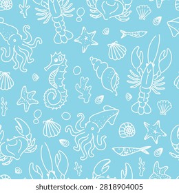 Charming hand-drawn pattern with sea creatures including squids, crabs, seahorses, and shells on a light blue backdrop.