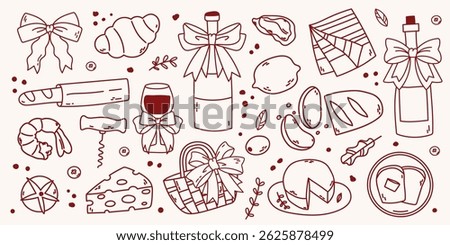 Charming hand-drawn picnic doodle set in a retro boho style. Burgundy-colored line art on a soft beige background. Features picnic essentials with delicate bows on glasses, bottles, and baskets
