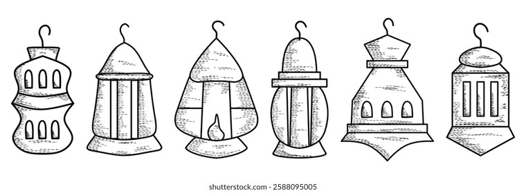 Charming hand-drawn Ramadan lantern illustrations perfect for adding a vintage touch to events (Islamic festival decoration) or home decor.