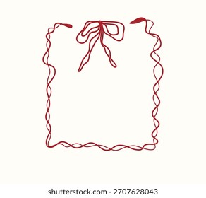 A charming handdrawn red ribbon frame with a delicate bow at the top, perfect for festive designs and invitations, isolated on