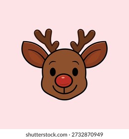 A charming hand-drawn reindeer face featuring a bright red nose and brown antlers. Perfect for festive Christmas themes, children's designs, and holiday greetings.