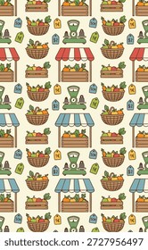 A charming, hand-drawn seamless pattern featuring various farmers market stalls, baskets of fresh fruits and vegetables, and vintage weighing scales, all set against a light background.
