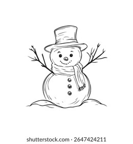 A charming hand-drawn sketch of a classic snowman wearing a top hat and scarf, with twig arms and button eyes, set against a clean white background.