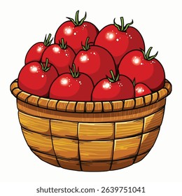 A charming, hand-drawn style digital illustration of a rustic woven basket overflowing with ripe, red tomatoes. Each tomato is depicted with a vibrant hue and green stems, suggesting freshness
