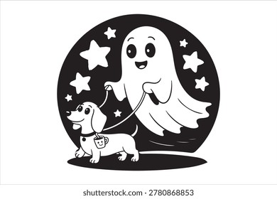 A charming, hand-drawn style image features a smiling ghost leading a dachshund on a leash. Stars twinkle in the background, creating a whimsical, playful scene.