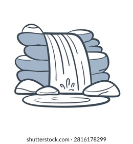 A charming hand-drawn style vector illustration of a small waterfall cascading over grey stones into a peaceful pool.