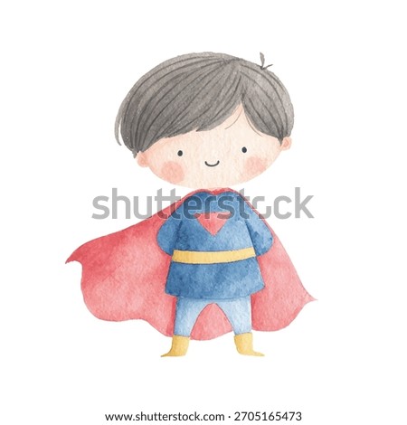 Charming hand-drawn superhero boy in a blue suit and red cape. Ideal for kids' books, party themes, and playful designs.