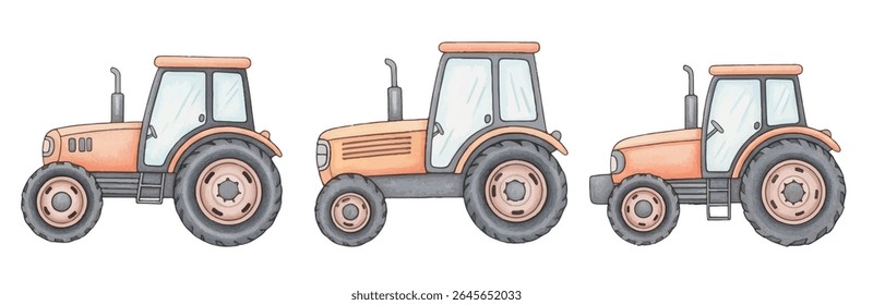 Tratores encantadores desenhados à mão em estilo rústico-perfeito para projetos com temática de fazenda, projetos infantis ou ilustrações de campo. Vintage charme encontra criatividade divertida neste trio delicioso.