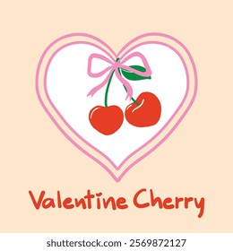 Charming hand-drawn valentine cherries tied with a pink bow inside a heart frame playful romantic illustration perfect for holiday gift and cheerful decor