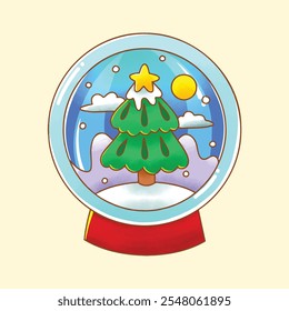 A charming hand-drawn vector featuring a festive snowball snowglobe, perfect for Christmas decorations. This whimsical design captures the holiday spirit with intricate details and a cozy.