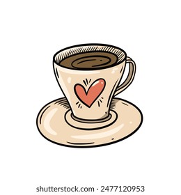 A charming hand-drawn vector illustration of a coffee cup with a heart design, ideal for various uses.