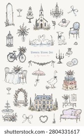 Charming hand-drawn vector illustration collection featuring whimsical wedding and romantic French countryside elements. This elegant set includes a château, church, swans, goose, lamb, wedding cake, chandeliers, antique furniture, floral arch, vintage bicycle, fountain, suitcases, ribbons, table settings, mirrors, floral arrangements, and delicate decorative accents. Created in a soft pastel palette with a dreamy watercolor-inspired aesthetic, perfect for wedding invitations, stationery, branding, scrapbooking, surface pattern design, wall art, greeting cards, stickers, social media graphics, and feminine creative projects.