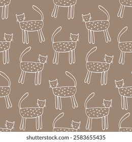 Charming Hand-Drawn White Cats Seamless Pattern on Brown Background - Minimalist and Playful Design for Prints and Decor