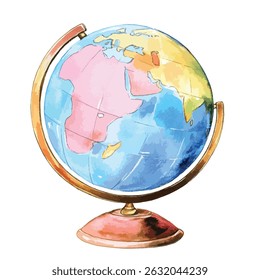 A charming, hand-painted globe, showcasing continents in pastel hues. The globe is presented in a three-quarter view, with a focus on the detailed map.