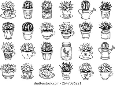 Charming Suculents pintados à mão e Cacti Coleção Uma linda variedade de suculentas e cactos dispostos em banheiras intricadamente pintadas em vários recipientes é um tratamento extravagante para os amantes da natureza.
