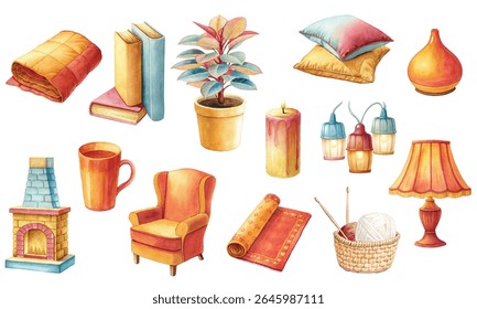 A charming hand-painted watercolor set celebrating the Scandinavian concept of hygge – comfort, coziness, and warmth. This clipart bundle includes cozy pillows, candles, armchair, fireplace, books.