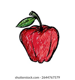 A charming hand-sketched illustration of a red apple with a green leaf, perfect for educational, organic, or food-related content. Whimsical and colorful, it brings a playful touch to any design.