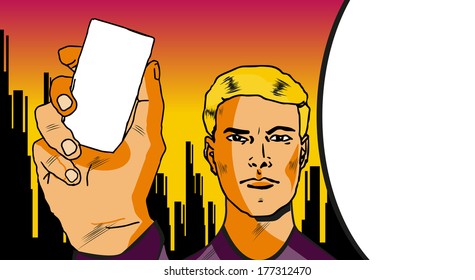 Charming and handsome man. I'll Show You Something Special. Comics Man witn card or mobile phone silhouette in hand