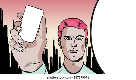 Charming and handsome man. I'll Show You Something Special. Comics Man witn card or mobile phone silhouette in hand