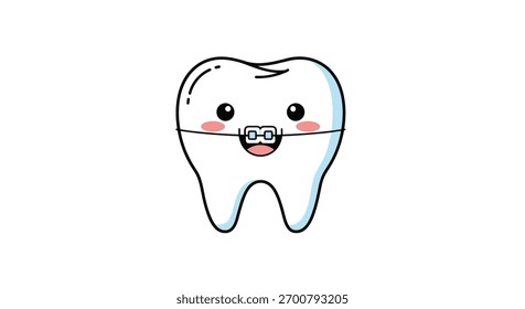 A charming and happy cartoon tooth character featuring adorable facial expressions and orthodontic braces smiles brightly, symbolizing dental health and care.