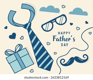 A charming "Happy Father's Day" vector with a stylish tie, gift box, glasses, mustache, and decorative elements in a classic blue and off-white palette. Perfect for greeting cards, banners and social 