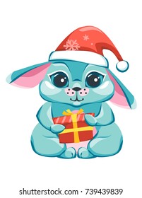 Charming hare in Santa hats holding a gift in his paws